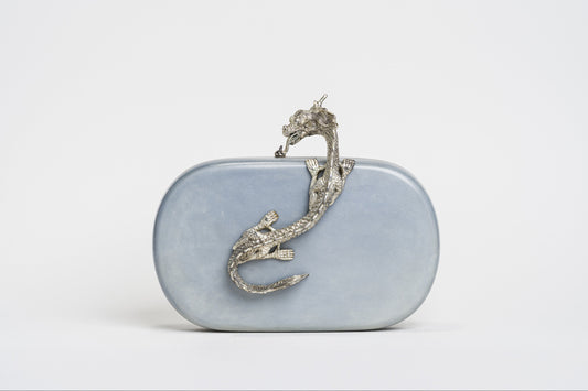 Suzy Wong Minaudiere in Blue Parchment - Silver Plated